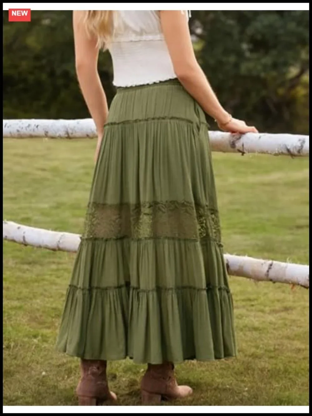 Boho Tiered Lace Maxi Skirt Flowy A-Line with Pockets Renaissance